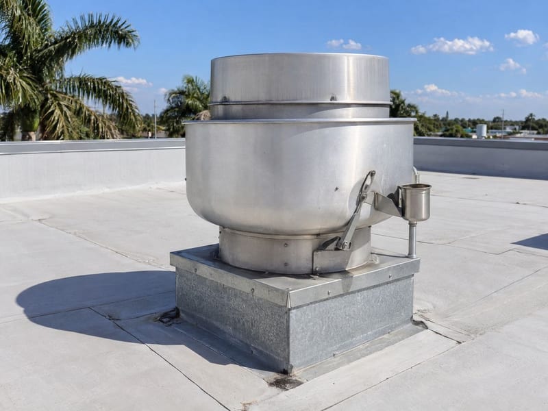 Commercial kitchen upblast exhaust fan on a restaurant roof