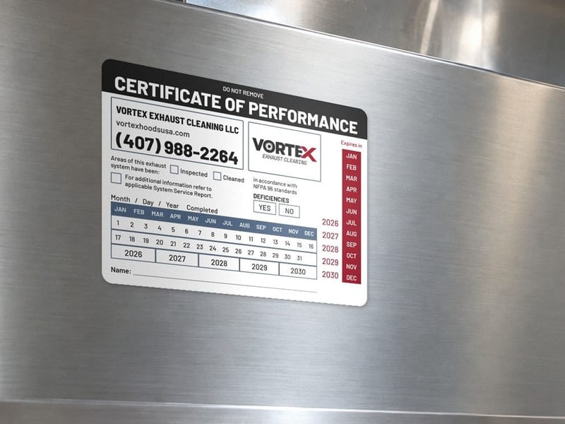 Vortex Exhaust Cleaning certificate of performance sticker on a clean kitchen hood