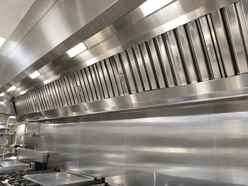 Freshly cleaned stainless steel commercial kitchen exhaust hood with clean baffle filters