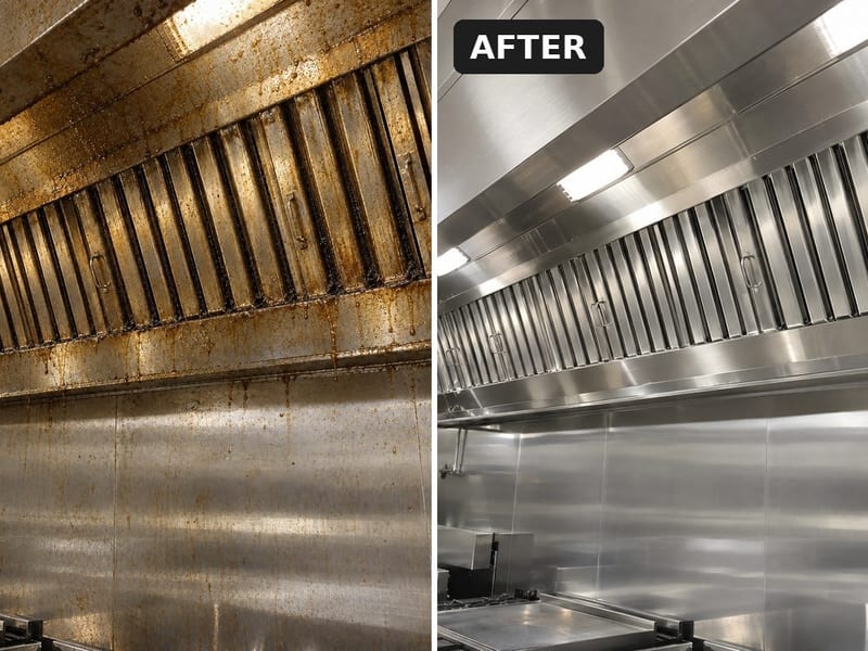 Typical before and after: greasy commercial kitchen hood next to the same hood after cleaning