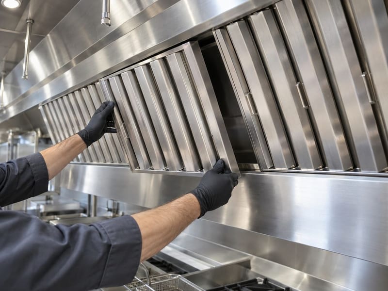 Technician sliding a clean baffle grease filter back into a commercial kitchen hood